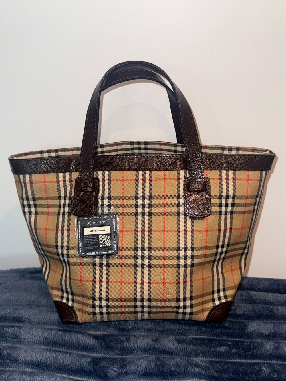 Authentic Burberry Vintage Haymarket Check Canvas Mini Tote Bag Brown Leather